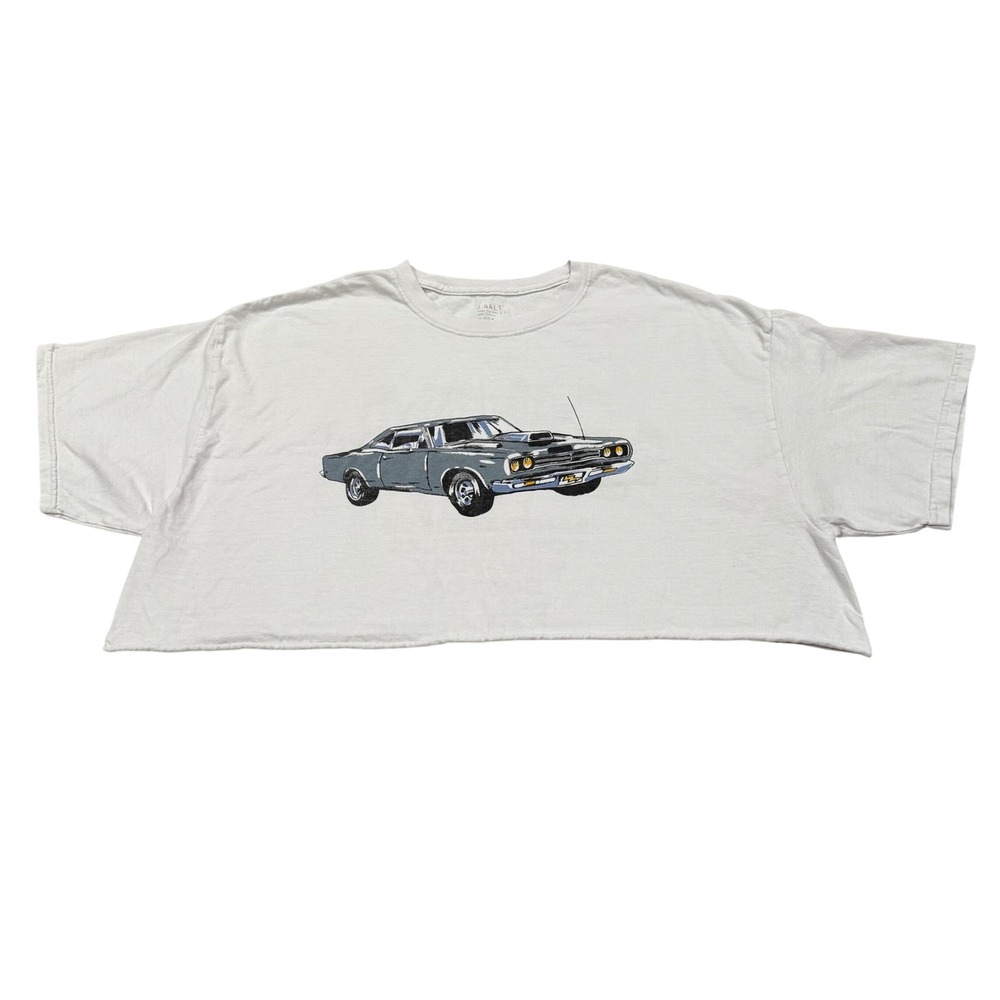 J Galt Cropped T Shirt Graphic‎ Motor Show Car Print Women One Size White